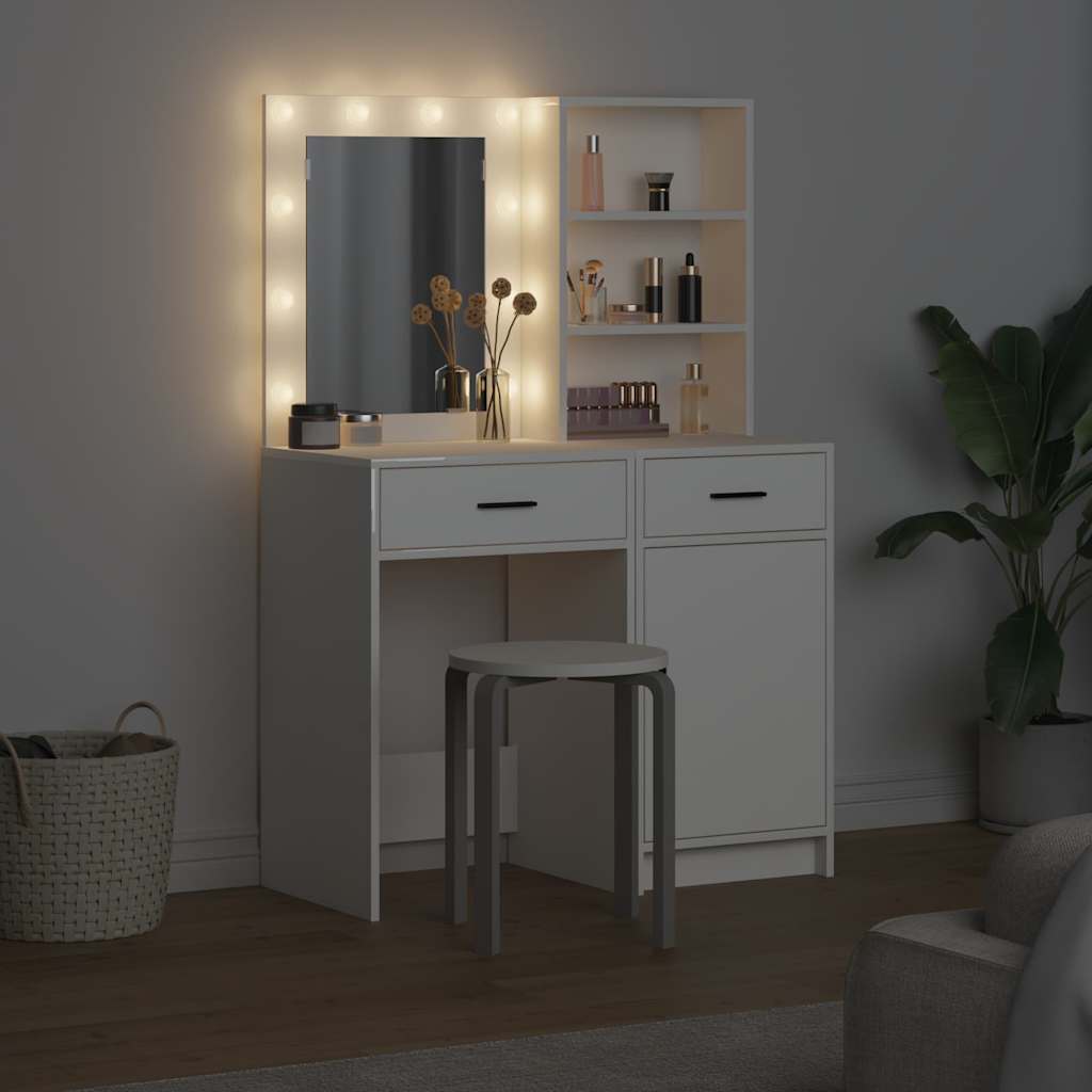 Dressingbordsett med LED med speillys 2 pcs Hvit Konstruert tre
