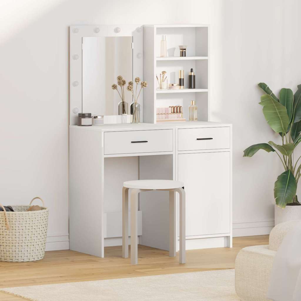 Dressingbordsett med LED med speillys 2 pcs Hvit Konstruert tre