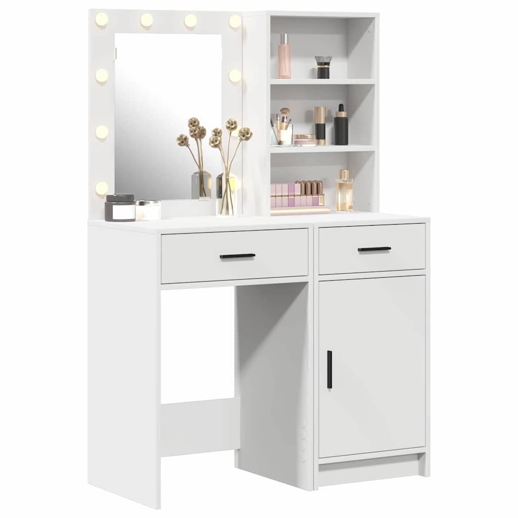 Dressingbordsett med LED med speillys 2 pcs Hvit Konstruert tre