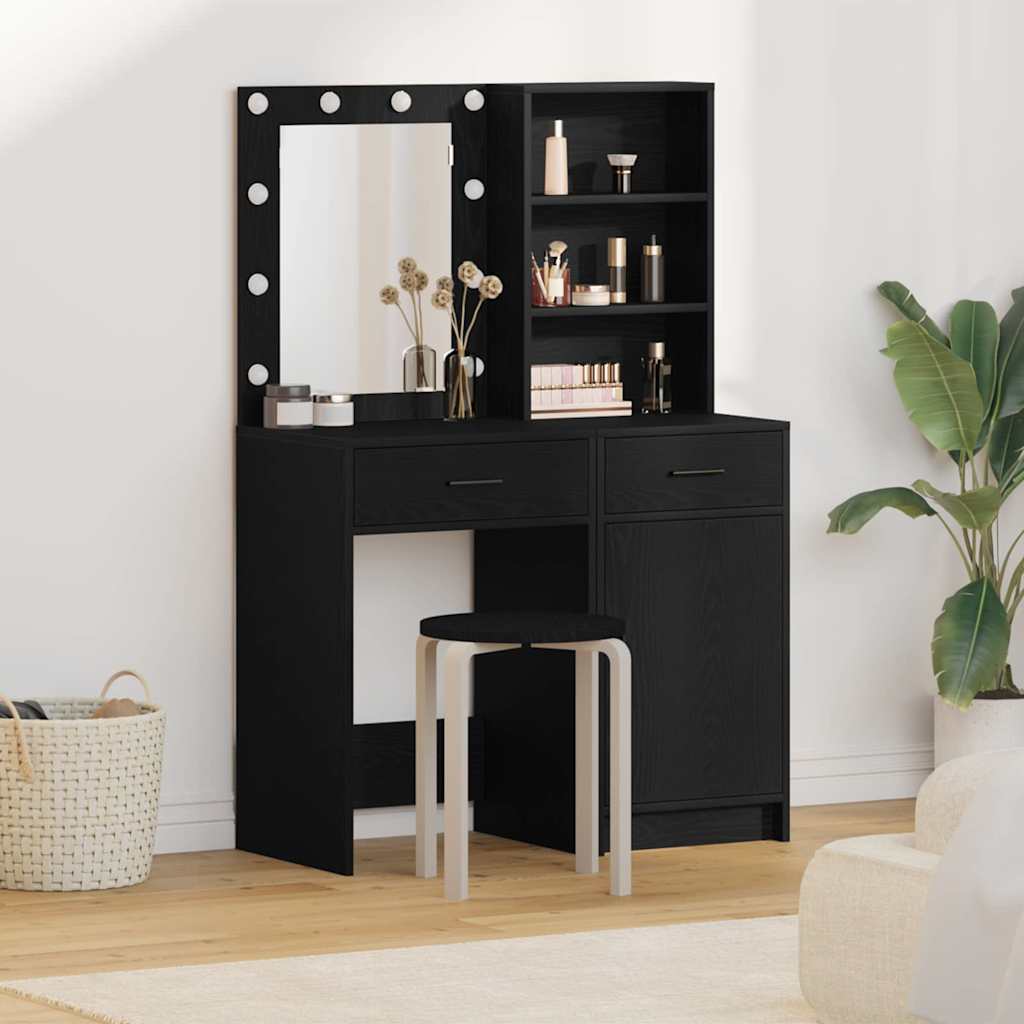 Dressingbordsett med LED med dør 2 pcs Svart Eik Konstruert tre