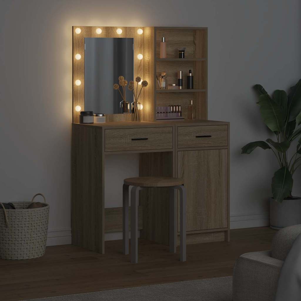 Dressingbordsett med LED 2 pcs Sonoma eik Konstruert tre