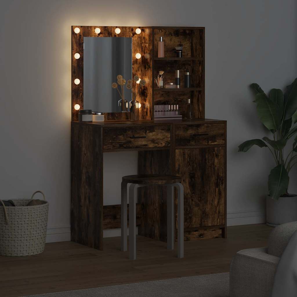 Dressingbordsett med LED med dør 2 pcs Røkt eik Konstruert tre