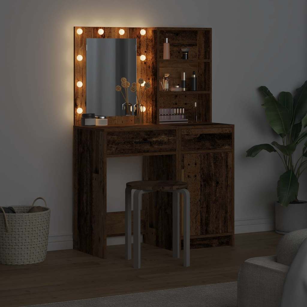 Dressingbordsett med LED 2 pcs Gammelt tre Konstruert tre