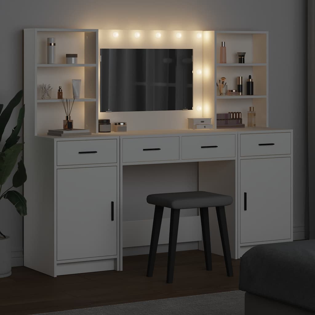 Dressingbordsett med LED med speillys 3 pcs Hvit Konstruert tre
