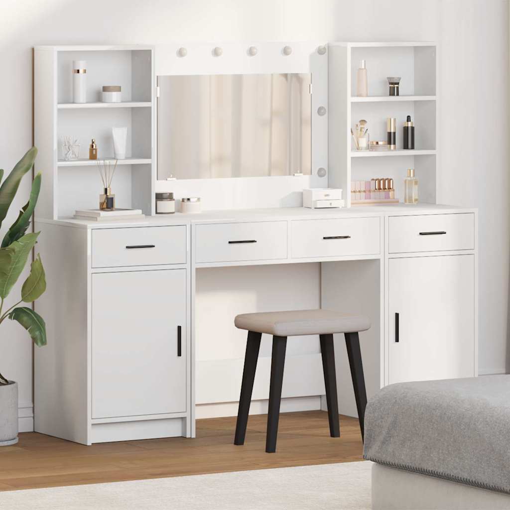Dressingbordsett med LED med speillys 3 pcs Hvit Konstruert tre