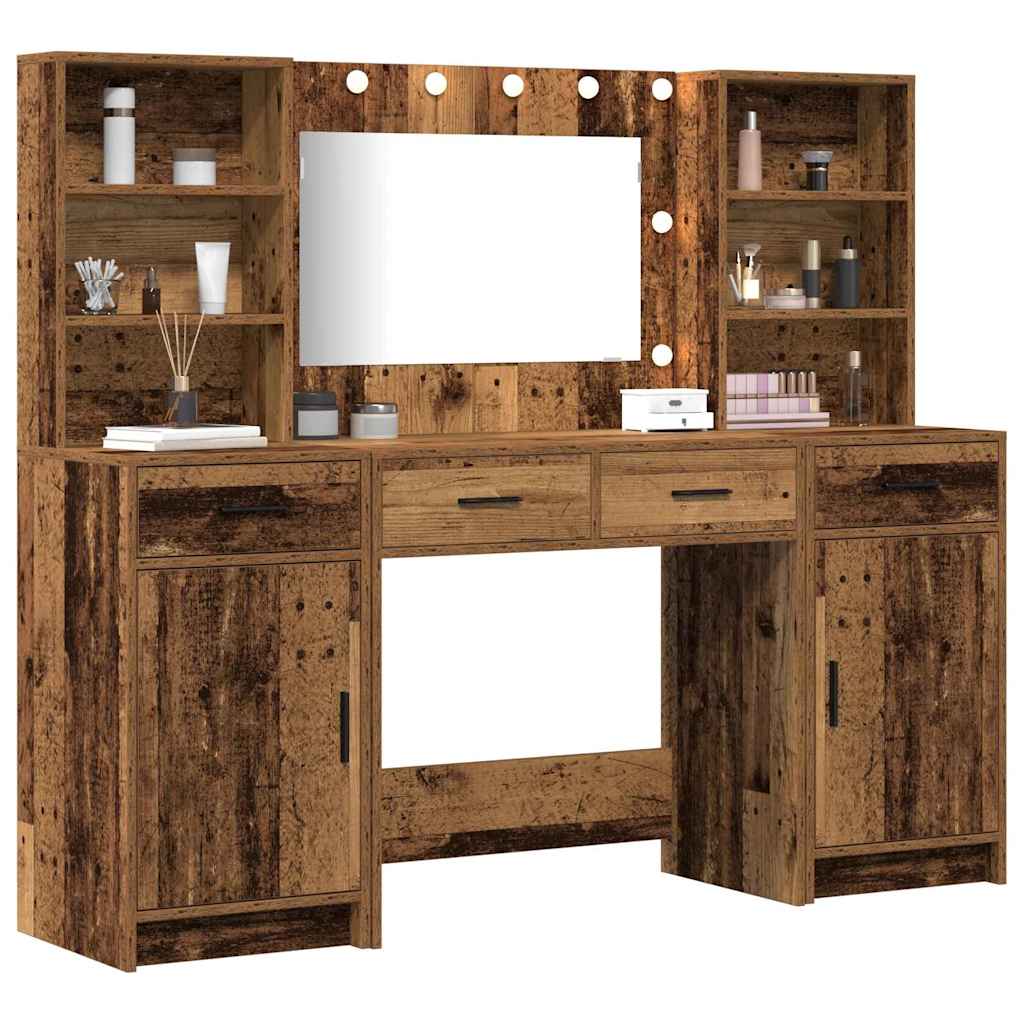 Dressingbordsett med LED 3 pcs Gammelt tre Konstruert tre