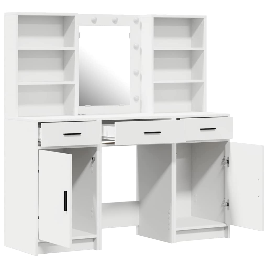 Dressingbordsett med LED med speillys 3 pcs Hvit Konstruert tre