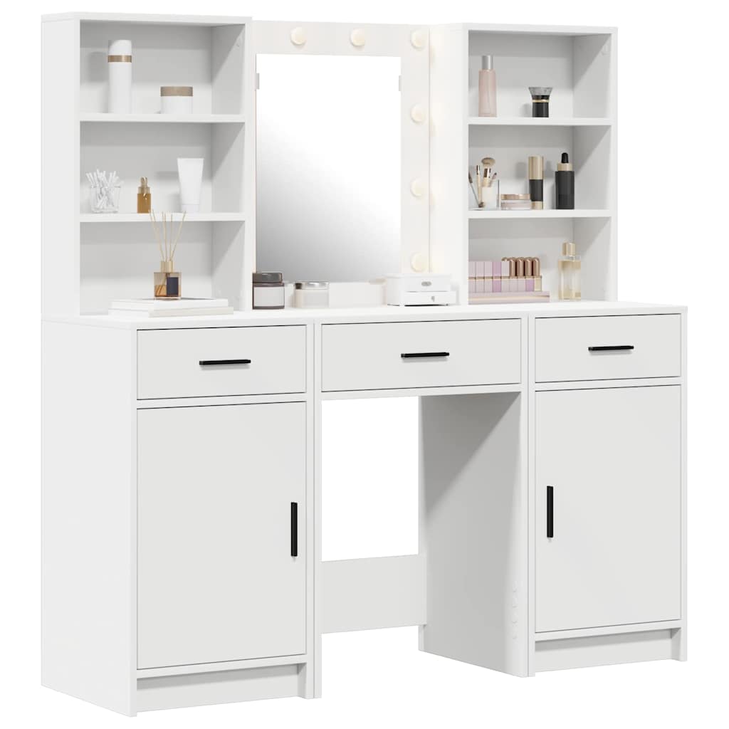 Dressingbordsett med LED med speillys 3 pcs Hvit Konstruert tre