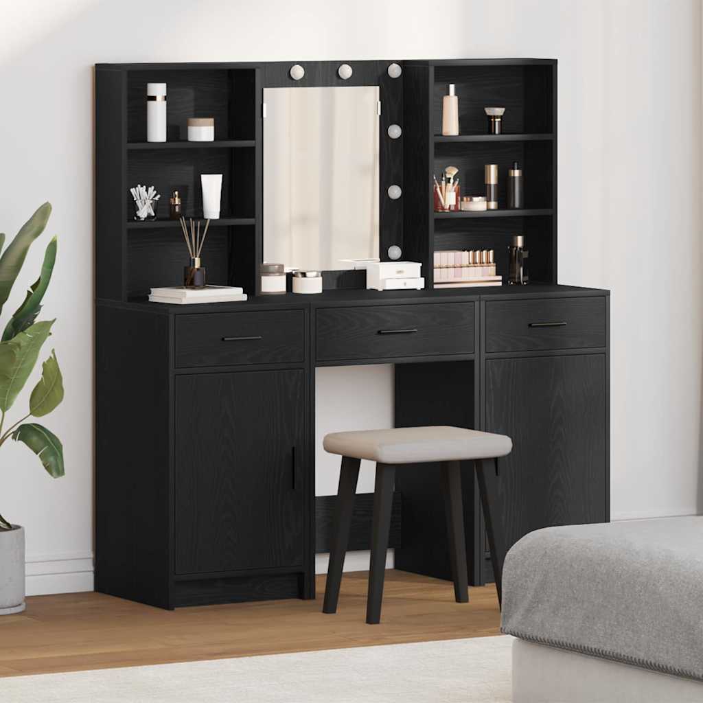 Dressingbordsett med LED med dør 3 pcs Svart Eik Konstruert tre