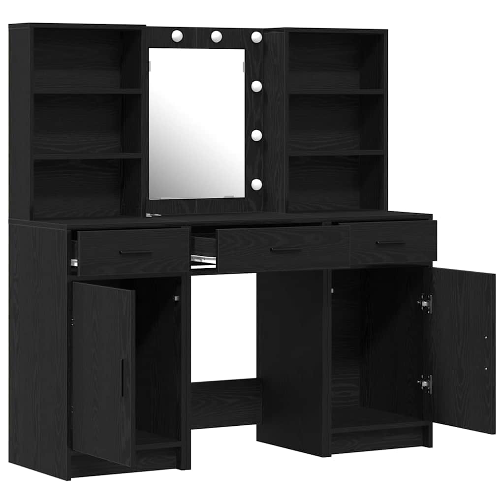 Dressingbordsett med LED med dør 3 pcs Svart Eik Konstruert tre