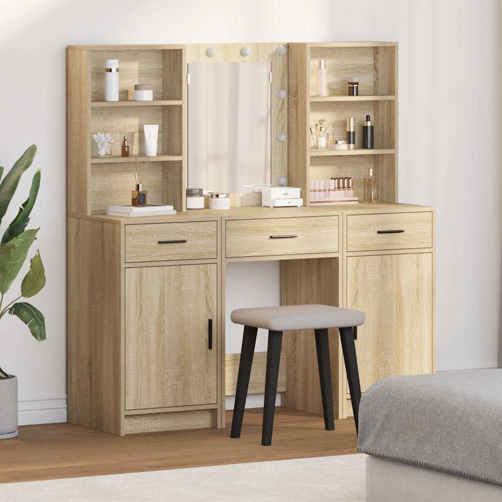 Dressingbordsett med LED 3 pcs Sonoma eik Konstruert tre