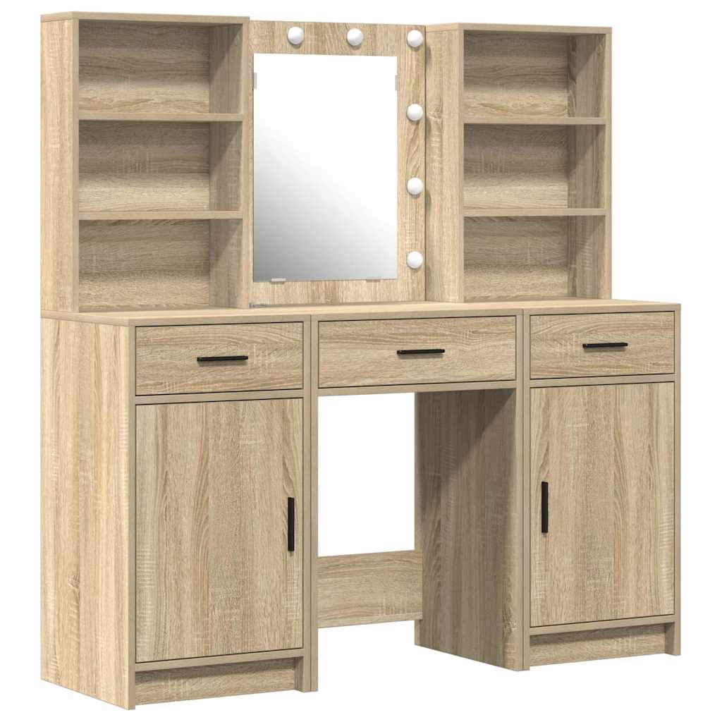 Dressingbordsett med LED 3 pcs Sonoma eik Konstruert tre