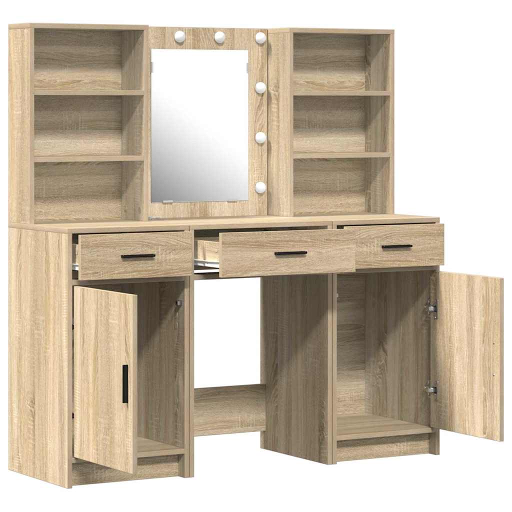 Dressingbordsett med LED 3 pcs Sonoma eik Konstruert tre