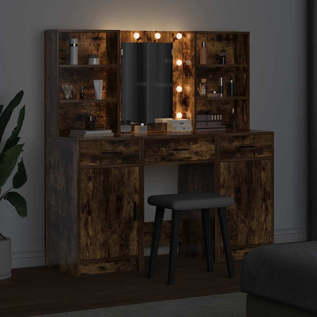 Dressingbordsett med LED med dør 3 pcs Røkt eik Konstruert tre