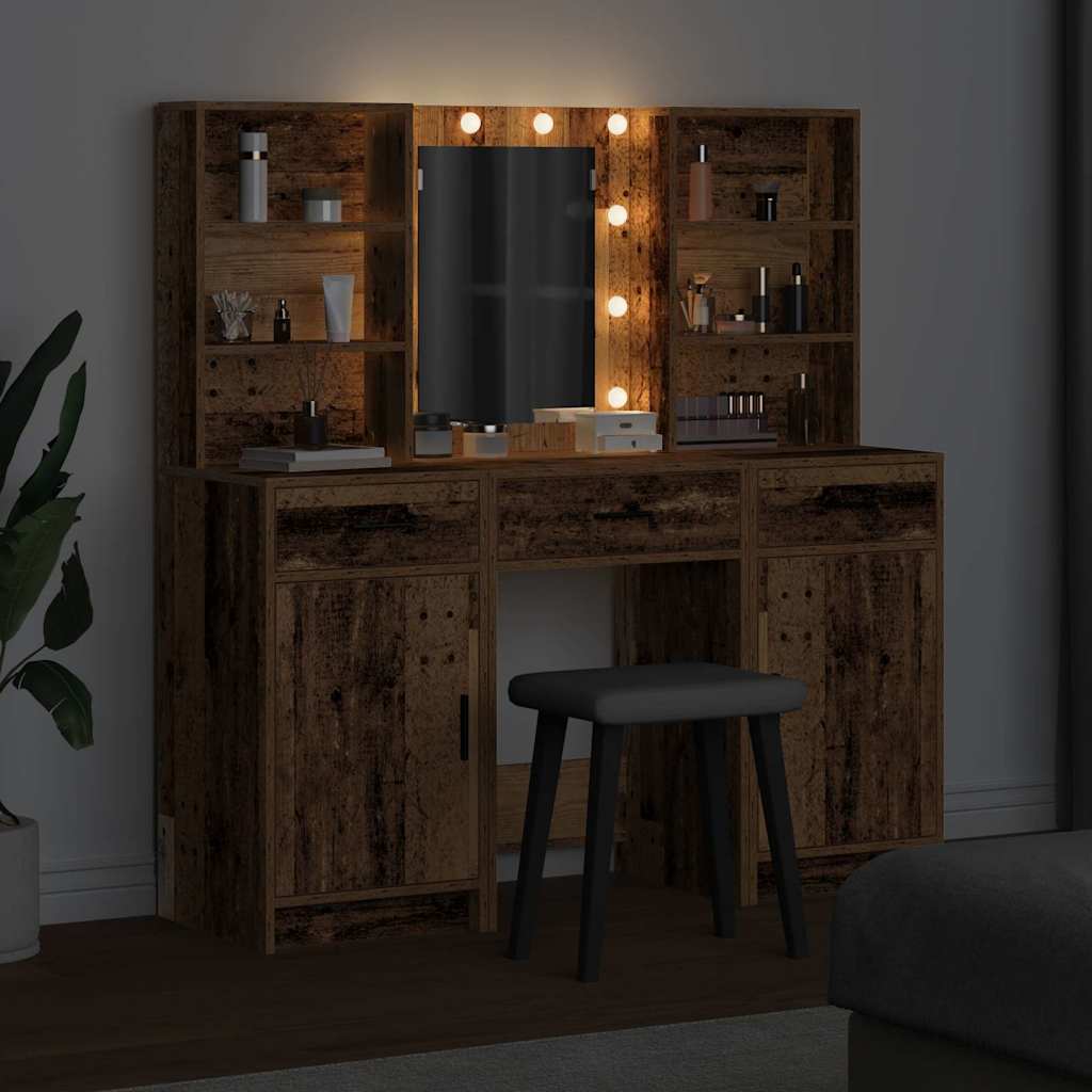 Dressingbordsett med LED 3 pcs Gammelt tre Konstruert tre