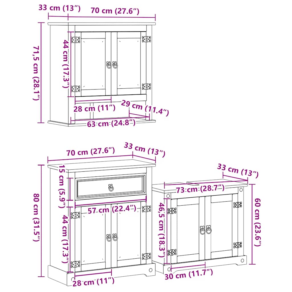 Baderomsskap 3 stk Corona heltre furu vidaXL