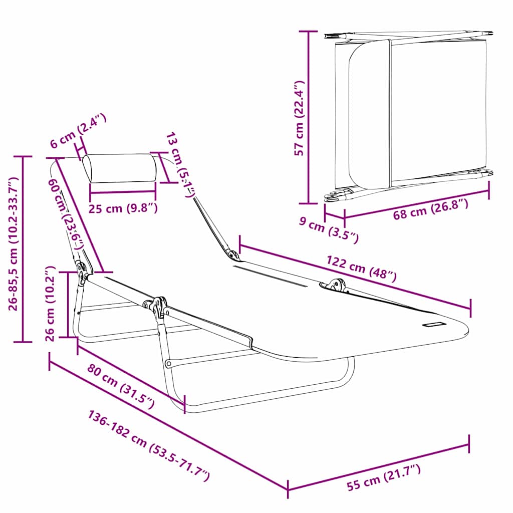 Sammenleggbar solstol Krem 182 x 55 x 85,5 cm Textilene