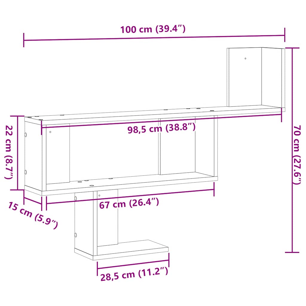 Vegghylle svart eik 100x15x70 cm konstruert tre