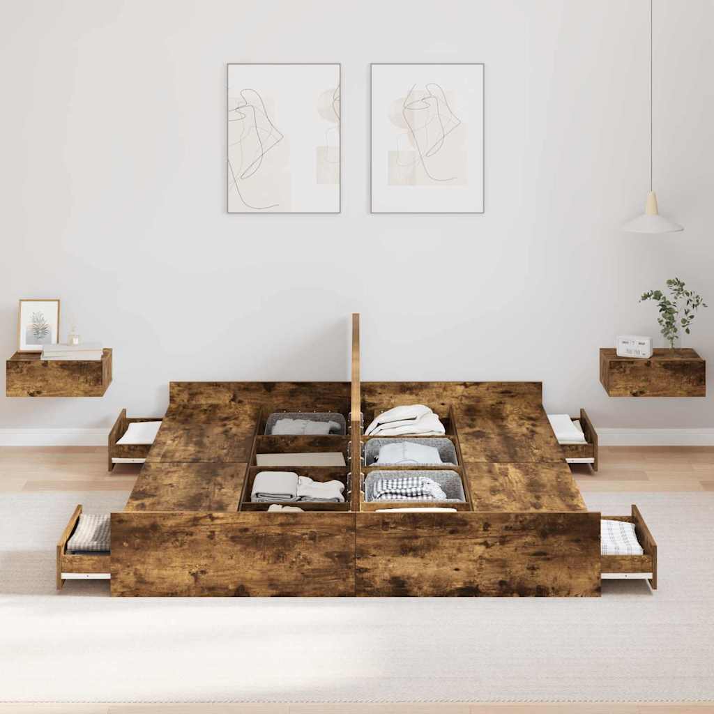 Seng med lagring med skuff Røkt eik 140 x 190 cm Konstruert tre