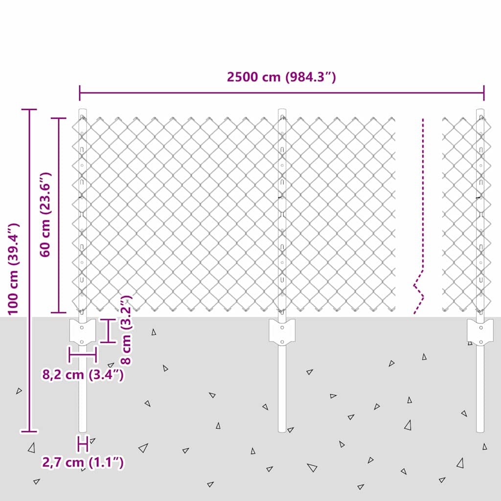 Kjettinggjerde med stolpe 25 x 0,6 m Galvanisert stål Sølv Mesh