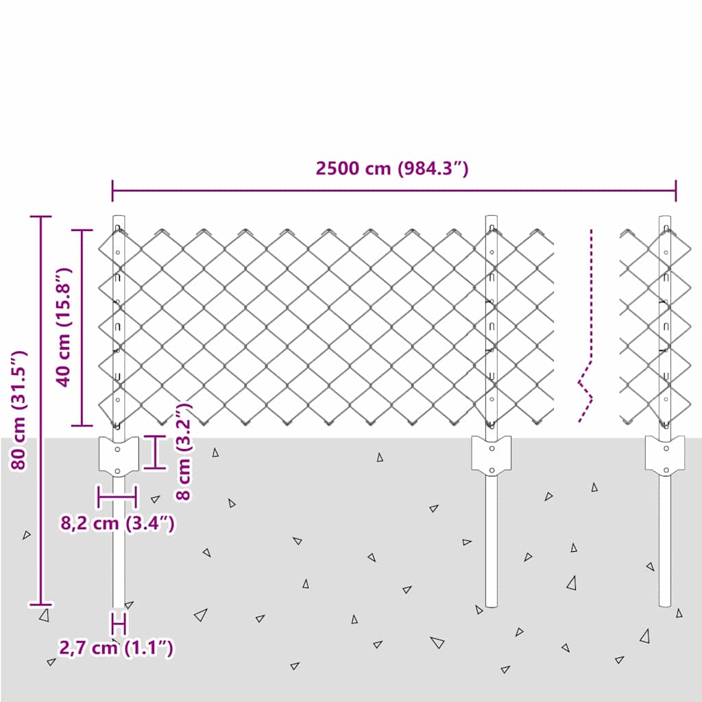 Kjettinggjerde med stolpe 25 x 0,4 m Galvanisert stål Sølv Mesh