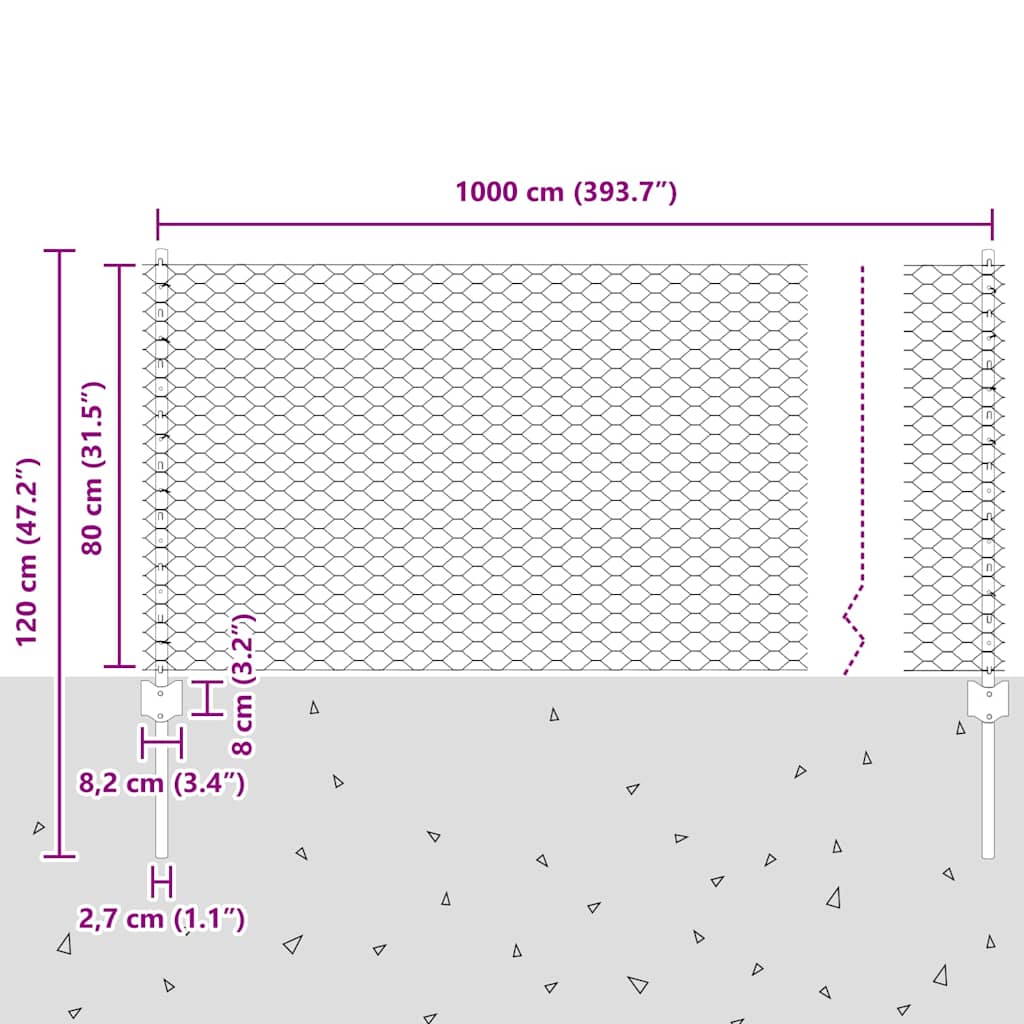 Sekskantet gjerde med post 10 x 0,8 m PVC-belagt stål Grå Mesh