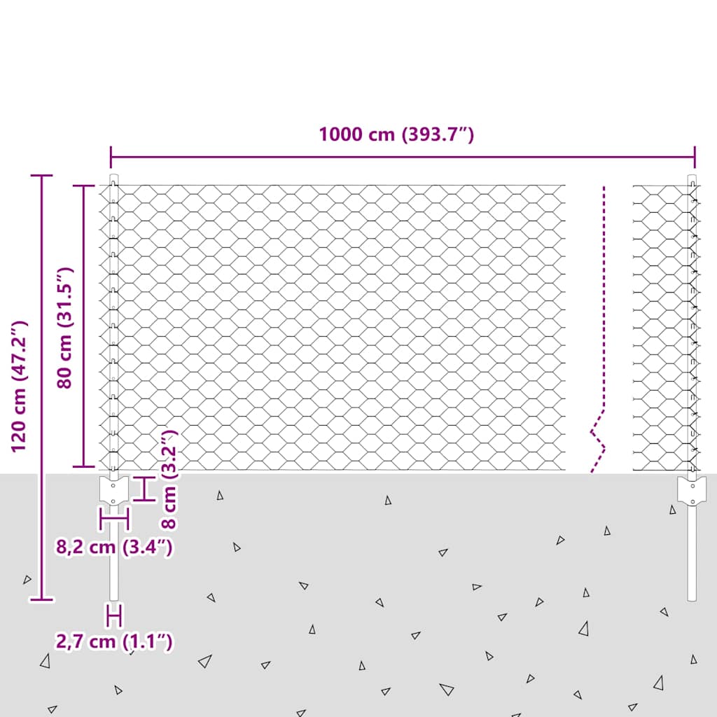 Sekskantet gjerde med post 10 x 0,8 m PVC-belagt stål Grå Mesh