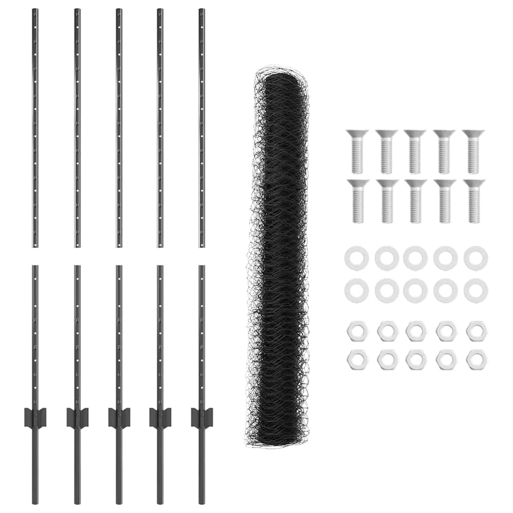 Sekskantet gjerde med post 10 x 1,2 m PVC-belagt stål Grå Mesh