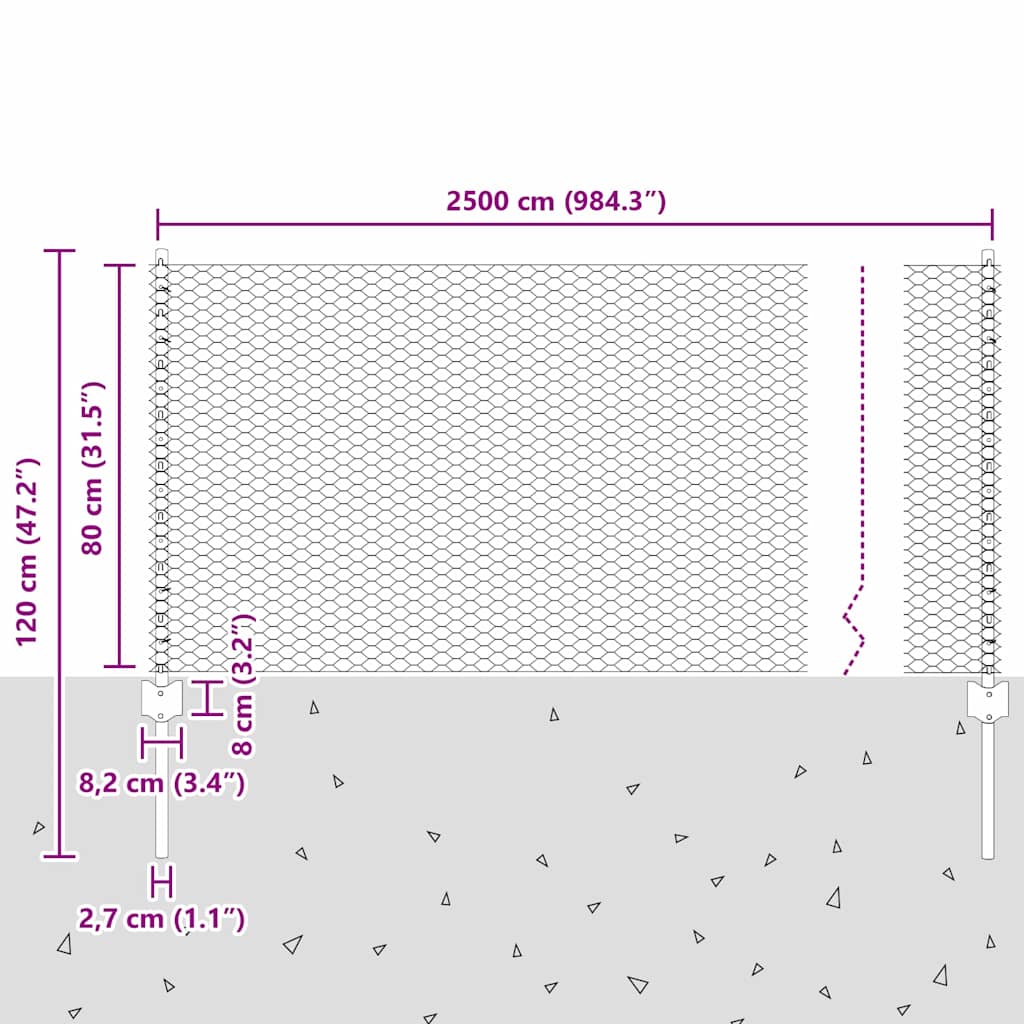 Sekskantet gjerde med post 25 x 0,8 m PVC-belagt stål Grå Mesh