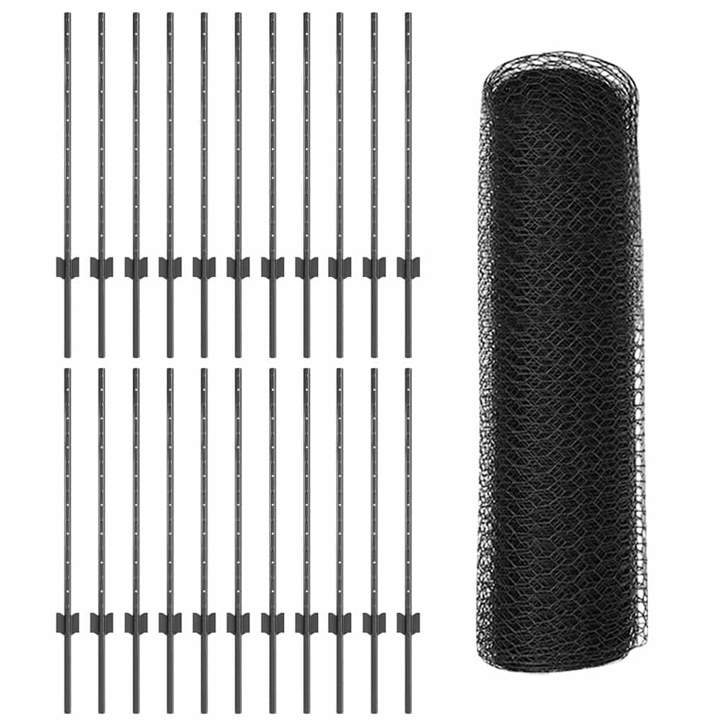 Sekskantet gjerde med post 50 x 0,8 m PVC-belagt stål Grå Mesh