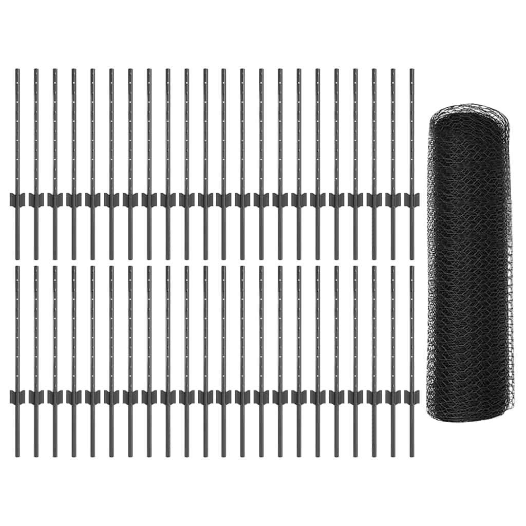 Sekskantet gjerde med post 100 x 0,5 m PVC-belagt stål Grå Mesh
