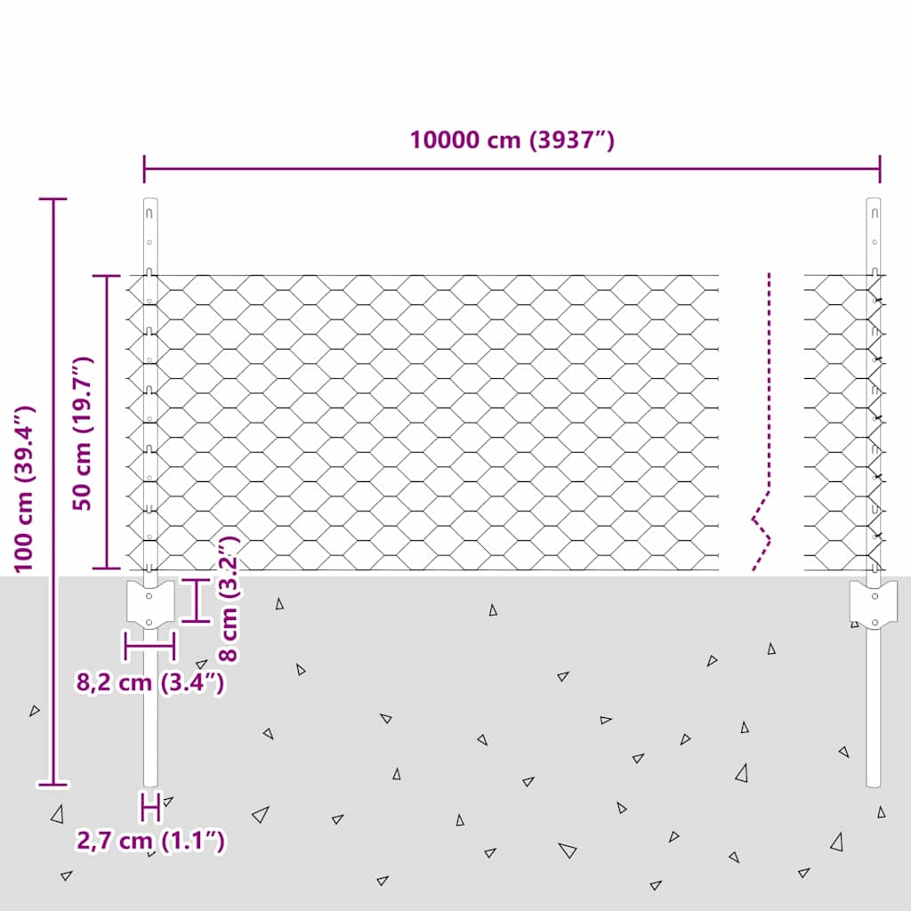 Sekskantet gjerde med post 100 x 0,5 m PVC-belagt stål Grå Mesh