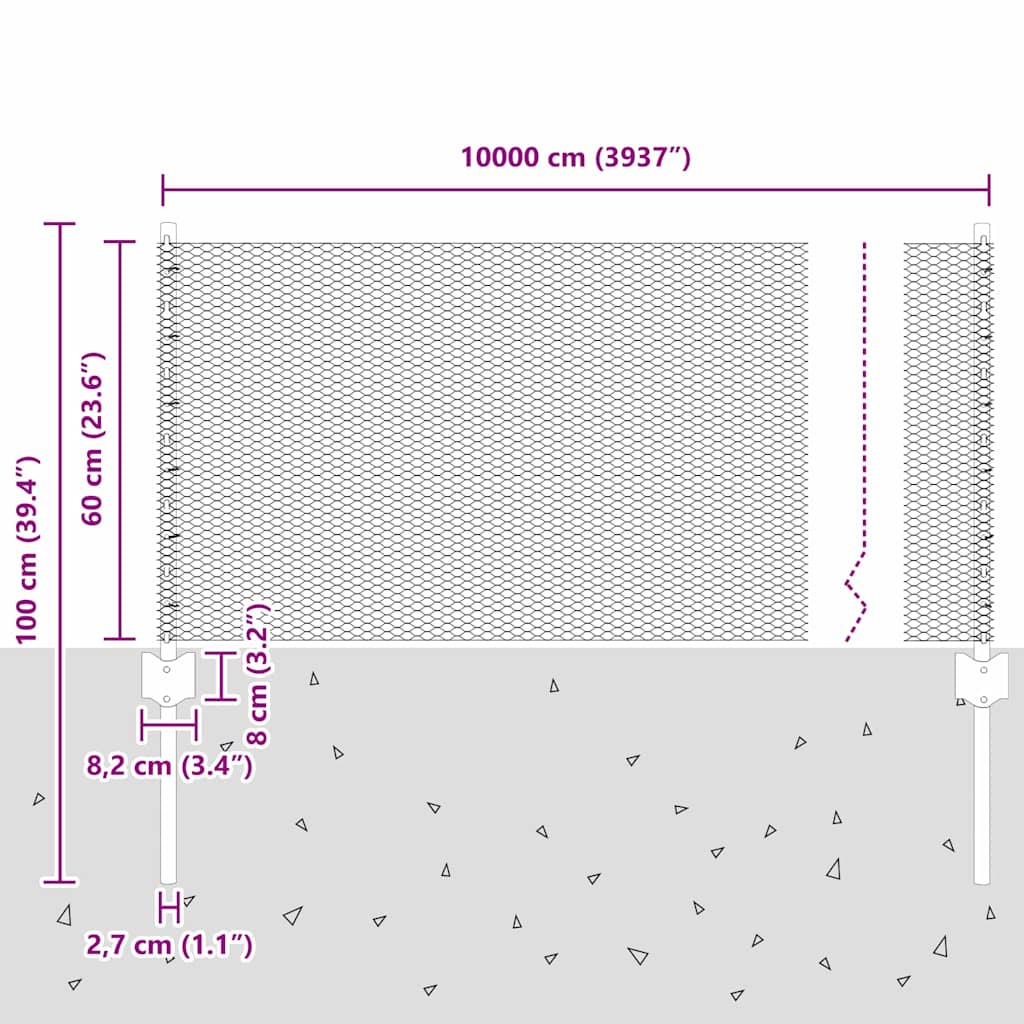 Sekskantet gjerde med post 100 x 0,6 m PVC-belagt stål Grå Mesh
