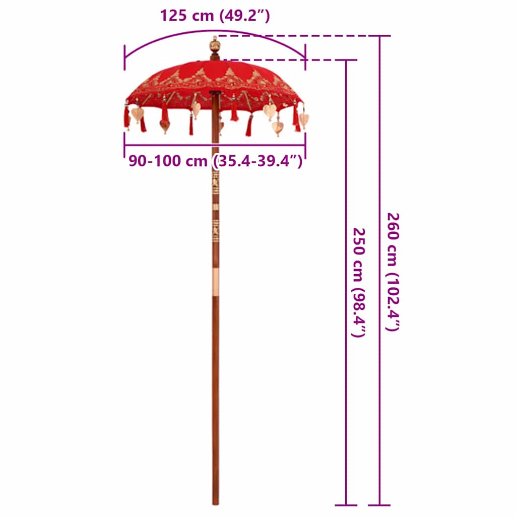 Balinesisk Parasol Rød 125 x 125 x 260 cm