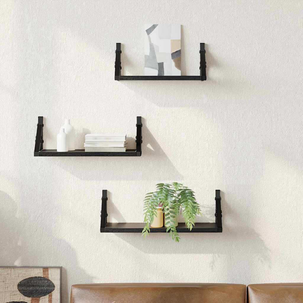 Vegghylle Veggmontert med lagring 3 pcs Svart Eik