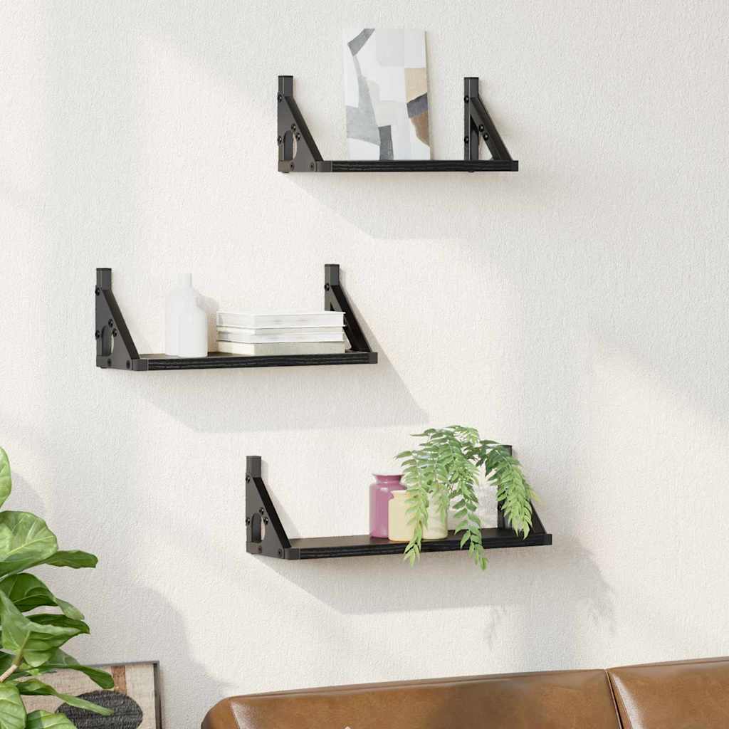 Vegghylle Veggmontert med lagring 3 pcs Svart Eik
