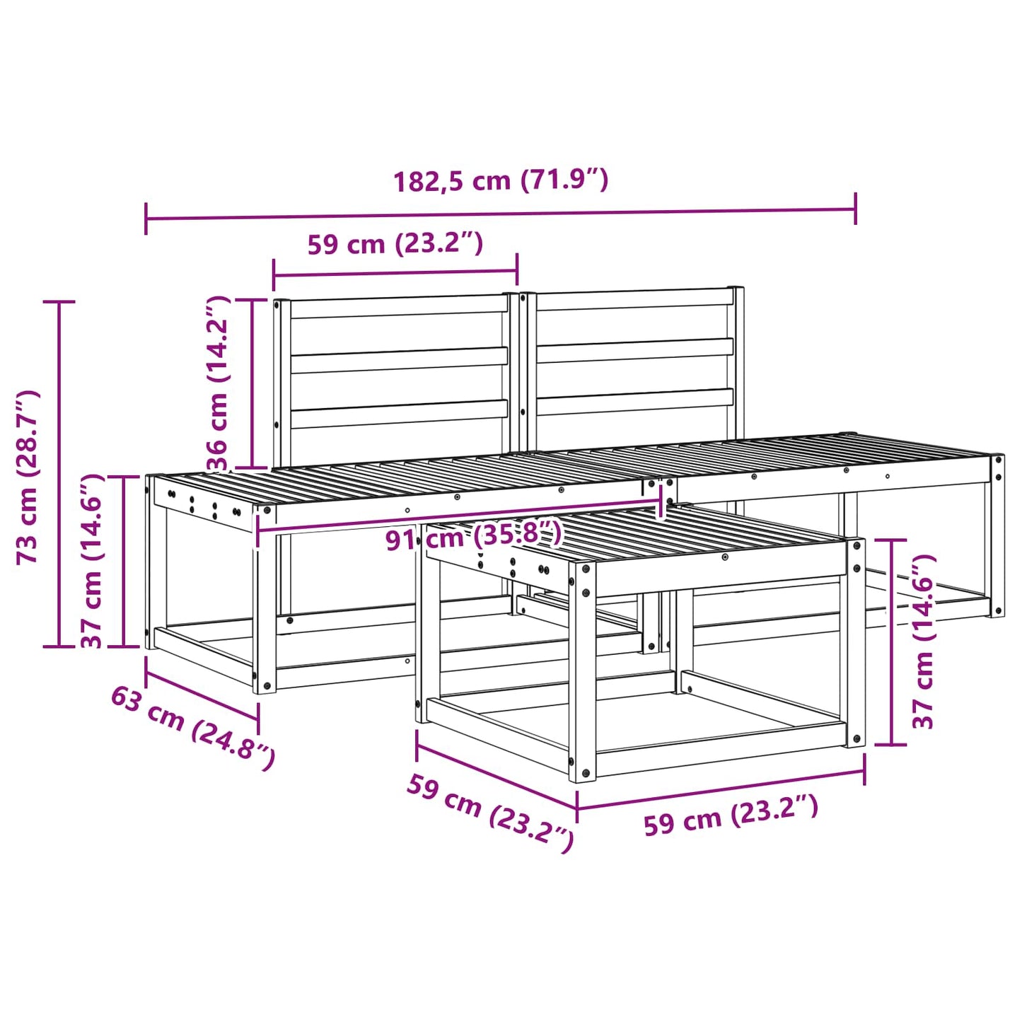 Utendørs sofa-sett 3 pcs Naturlig Solid akasietre
