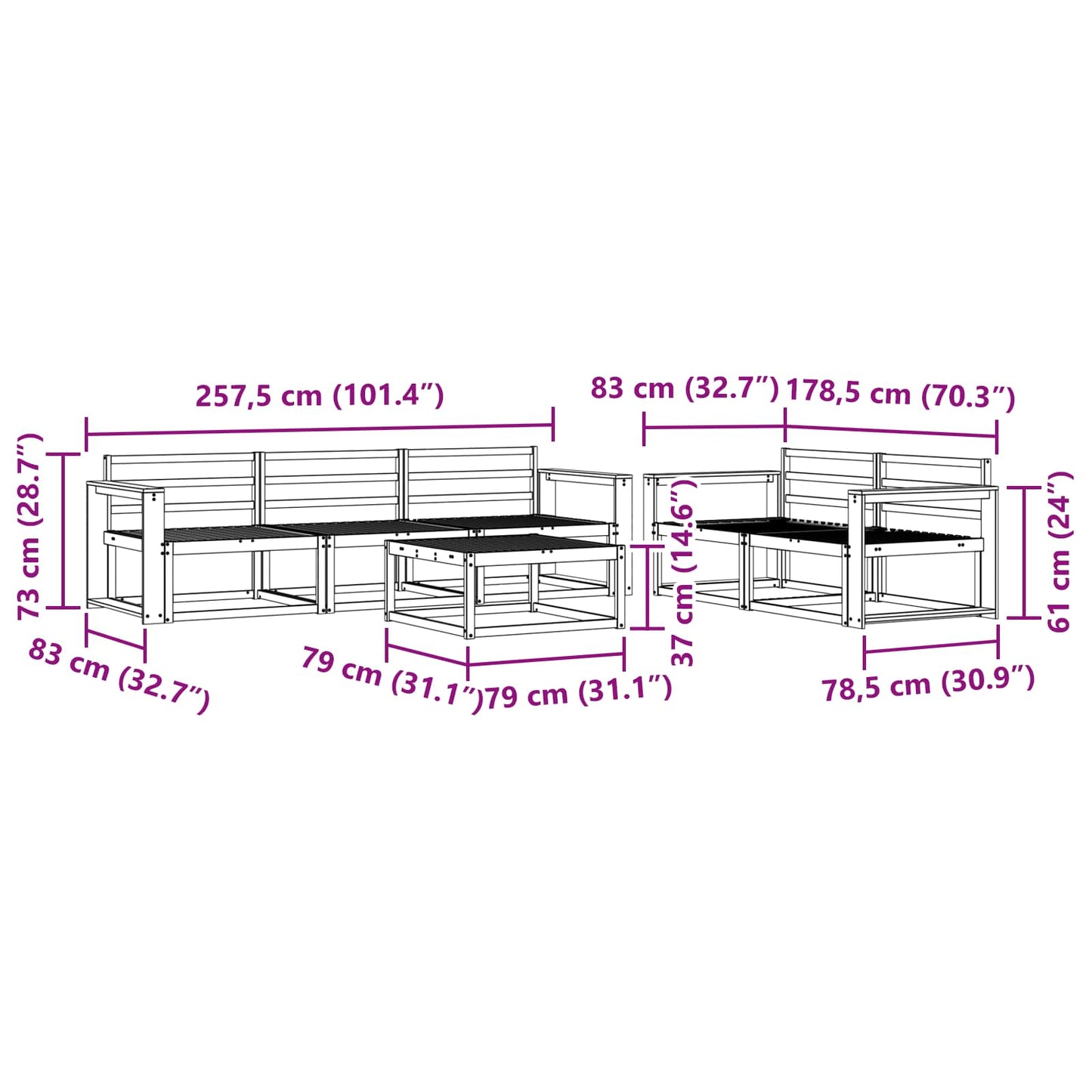 Utendørs sofa-sett 6 pcs Naturlig Solid akasietre