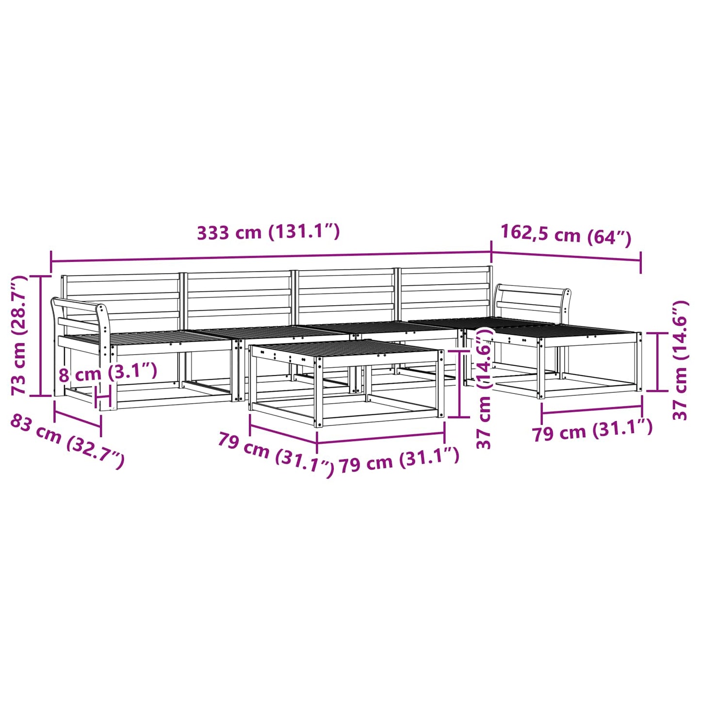 Utendørs sofa-sett 6 pcs Naturlig Solid akasietre