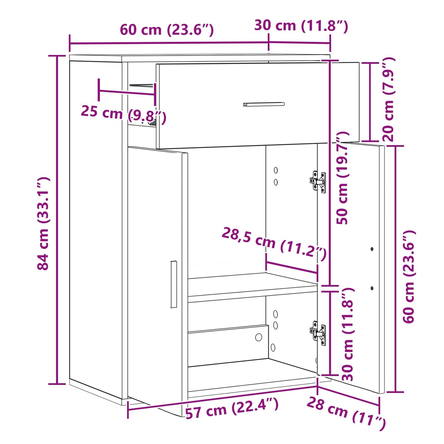 Serviesskap med skuff Svart Eik 60 x 30 x 84 cm Konstruert tre