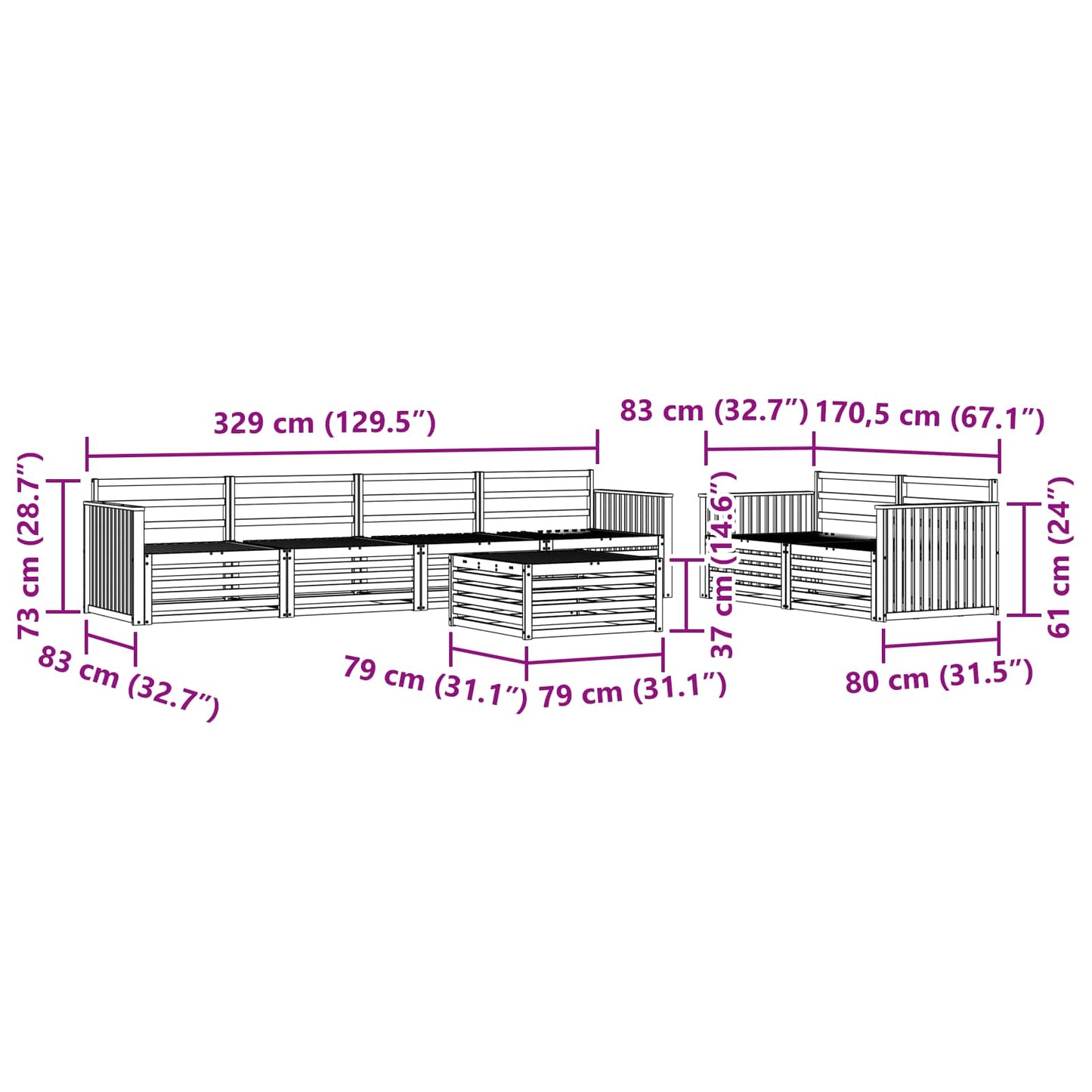 Utendørs sofa-sett 7 pcs Naturlig Solid akasietre