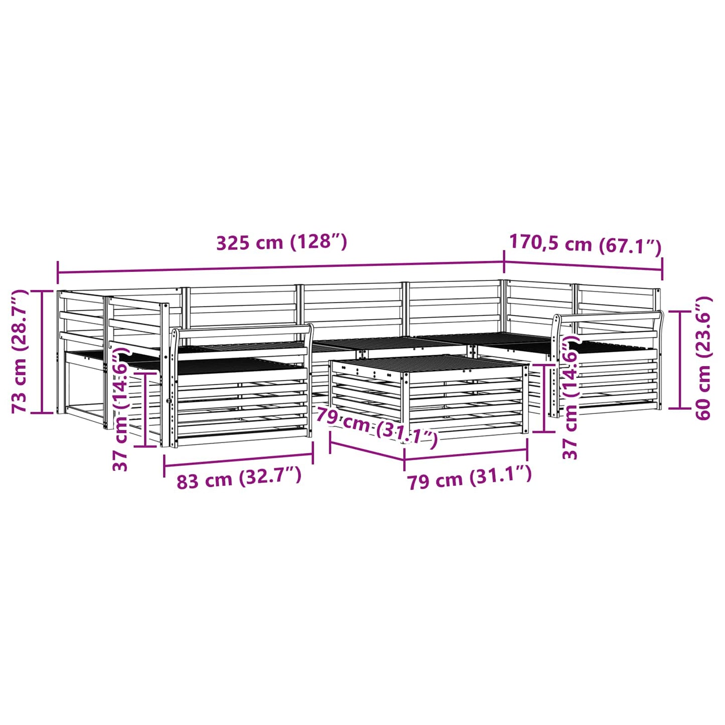 Utendørs sofa-sett 7 pcs Naturlig vidaXL