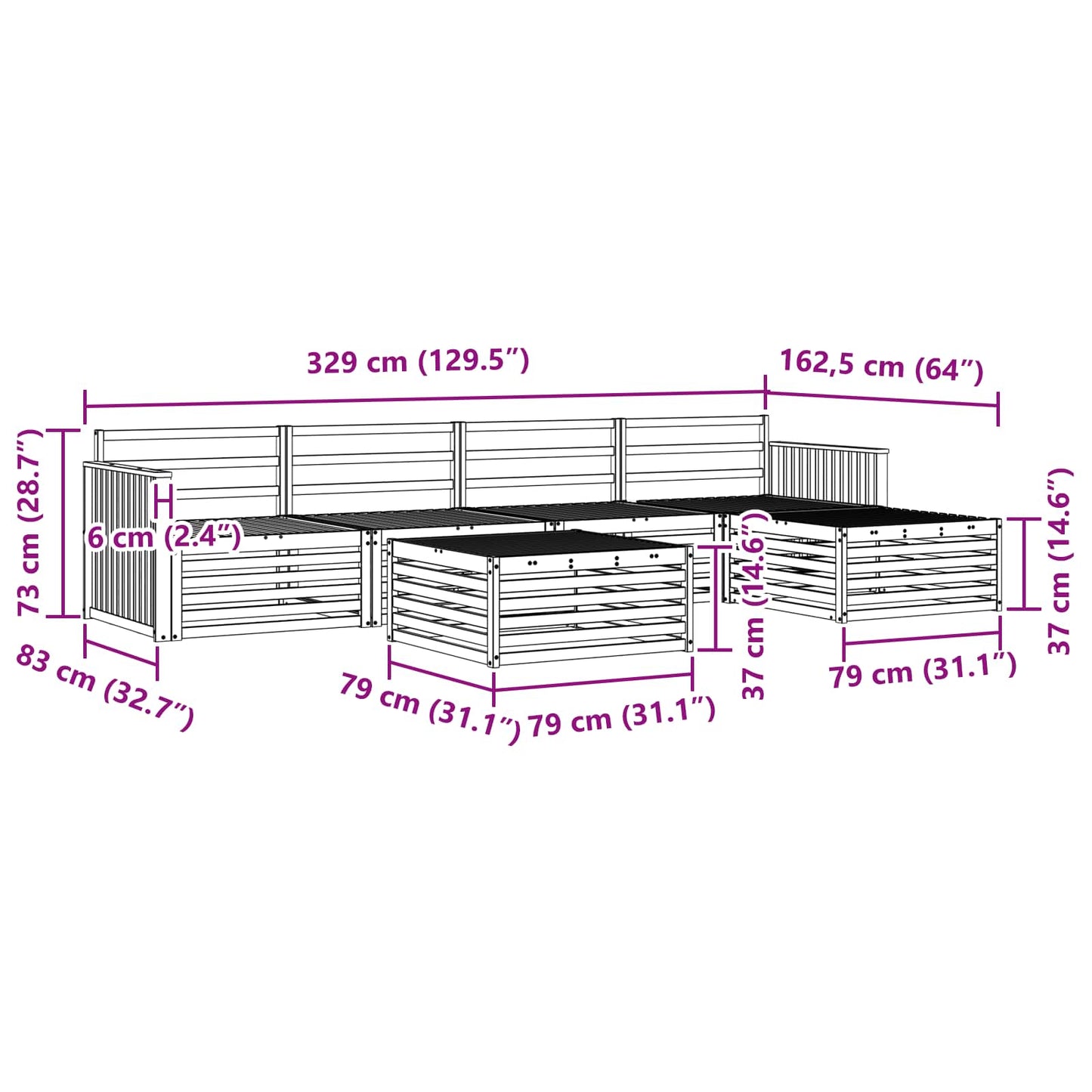 Utendørs sofa-sett 6 pcs Naturlig vidaXL