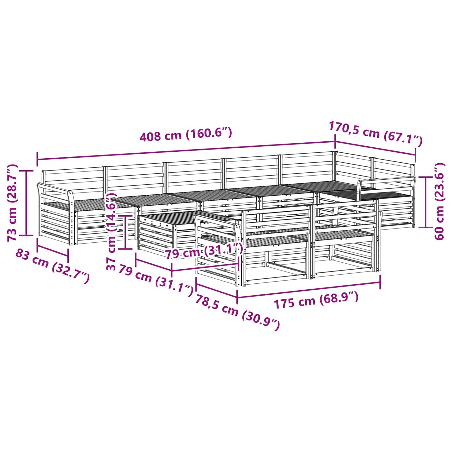 Utendørs sofa-sett 9 pcs Naturlig Solid akasietre