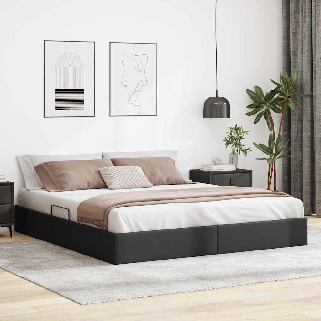 Seng med Oppbevaring med lagring Svart 193 x 203 cm Kunstlær