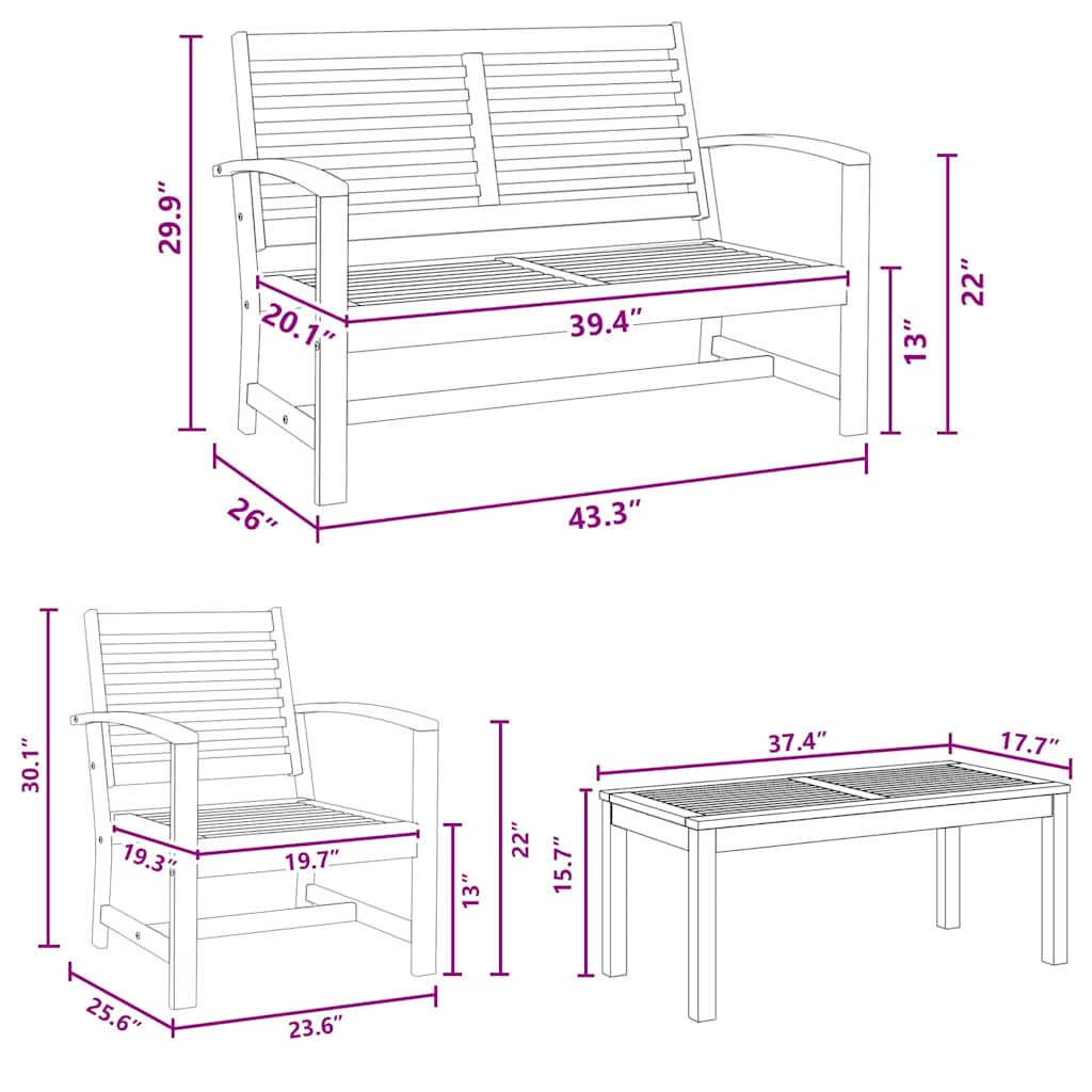 Hagesofa Set 4 pcs Naturlig Massivt Teaktre