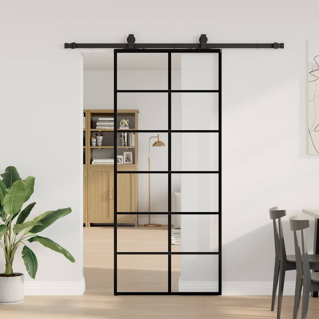 Skyvedør med monteringssett svart 90x205 cm ESG-glass