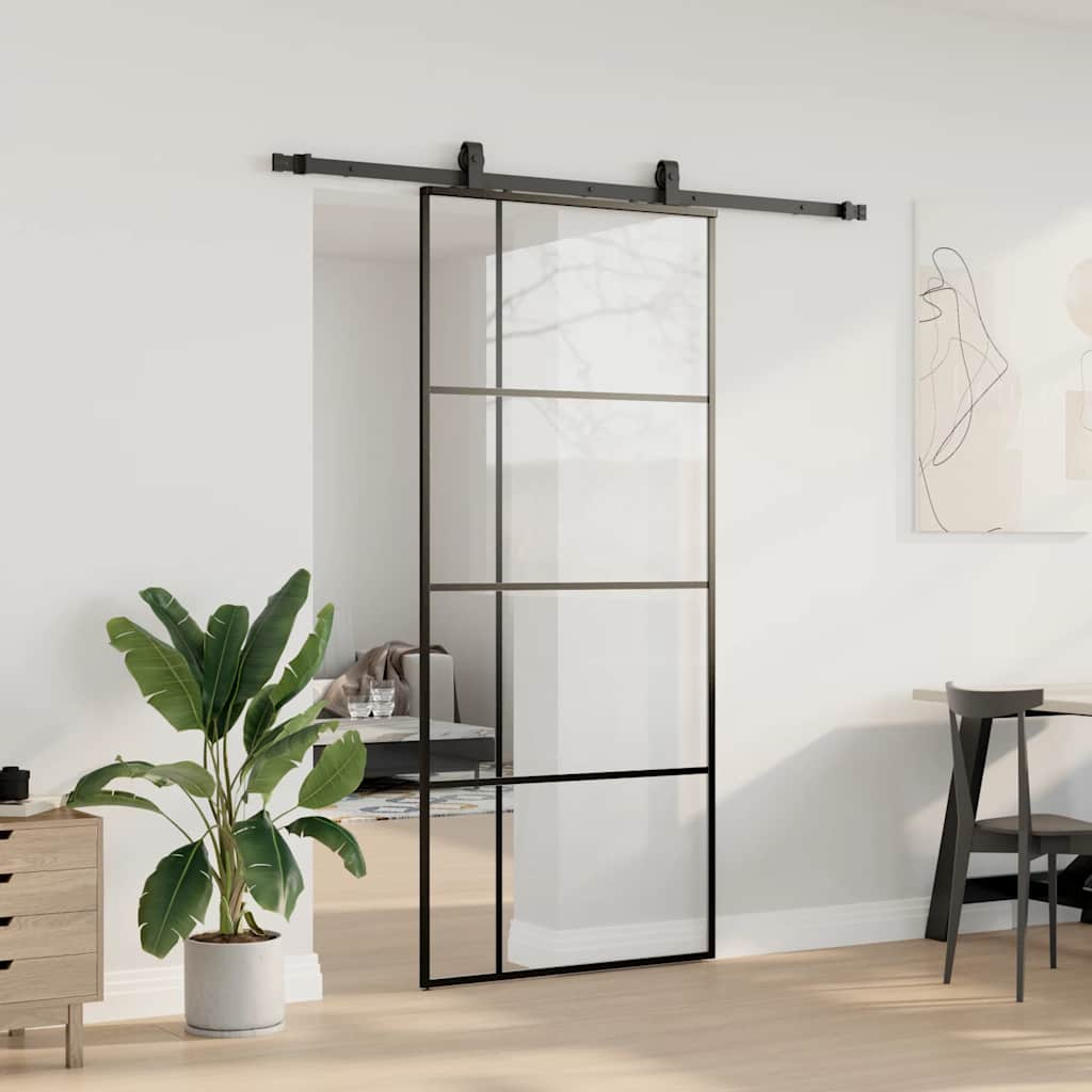 Skyvedør med monteringssett svart 90x205 cm ESG-glass