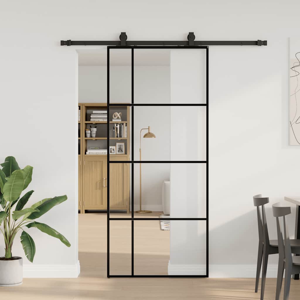 Skyvedør med monteringssett svart 90x205 cm ESG-glass