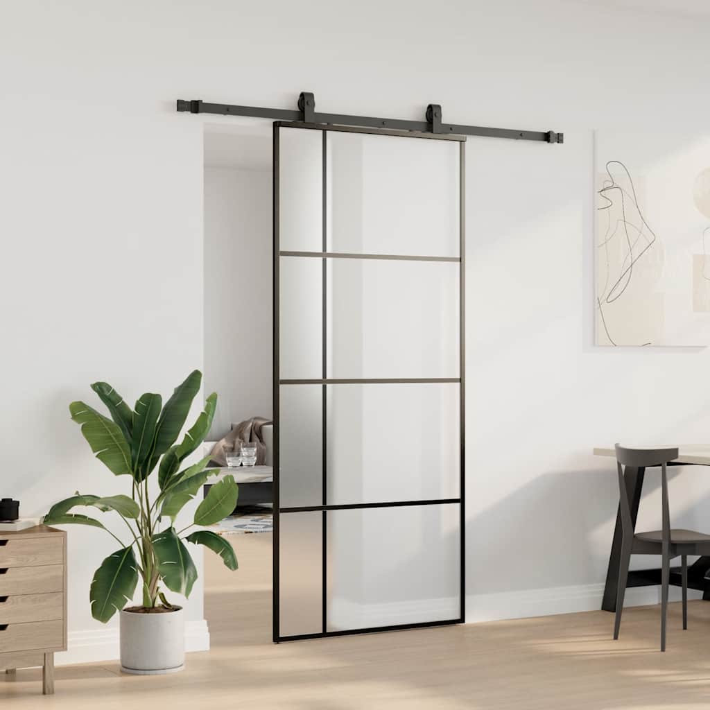 Skyvedør med monteringssett svart 90x205 cm ESG-glass